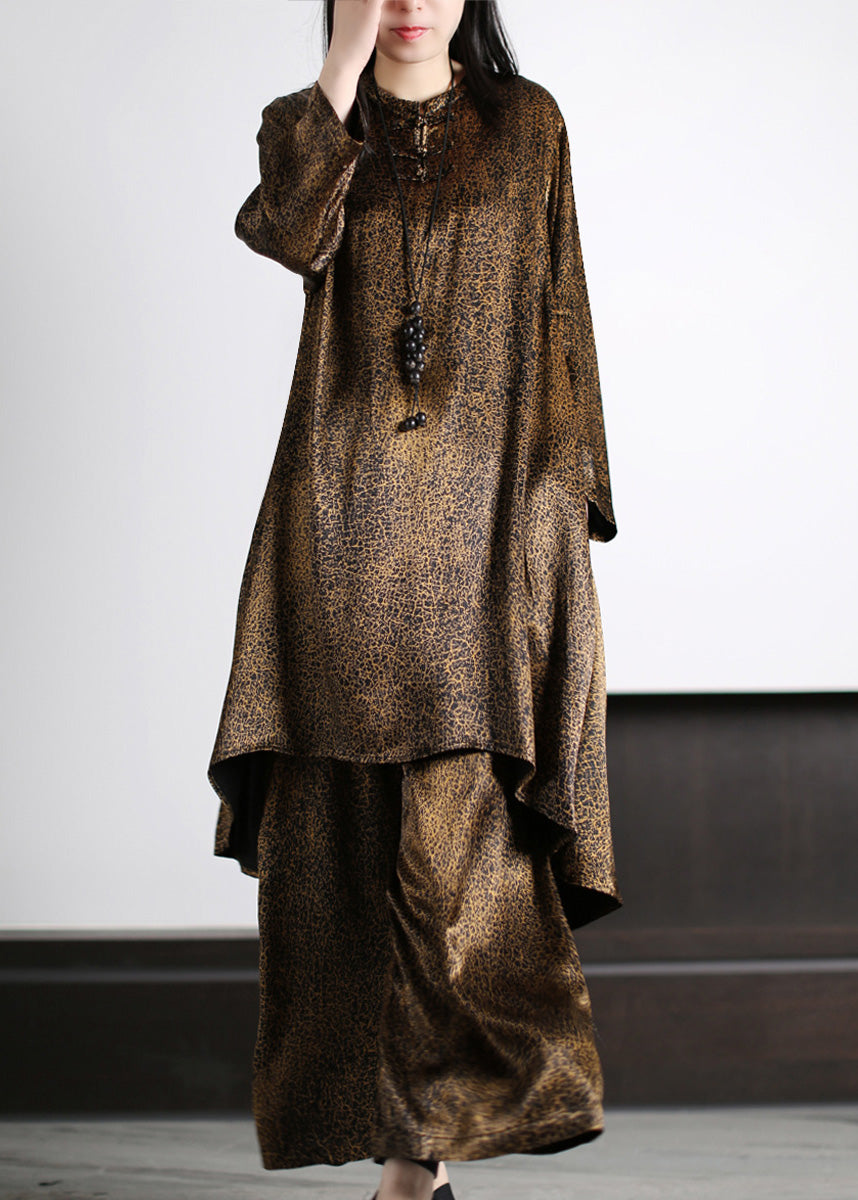 Natural Black O-neck Draping Silk Long Top and Wide Leg Pants Two Piece Set Long Sleeve