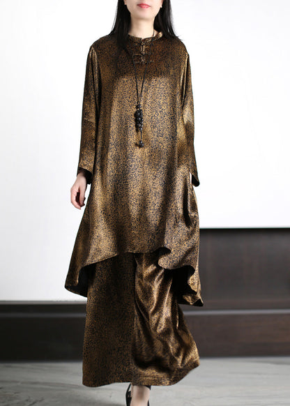 Natural Black O-neck Draping Silk Long Top and Wide Leg Pants Two Piece Set Long Sleeve