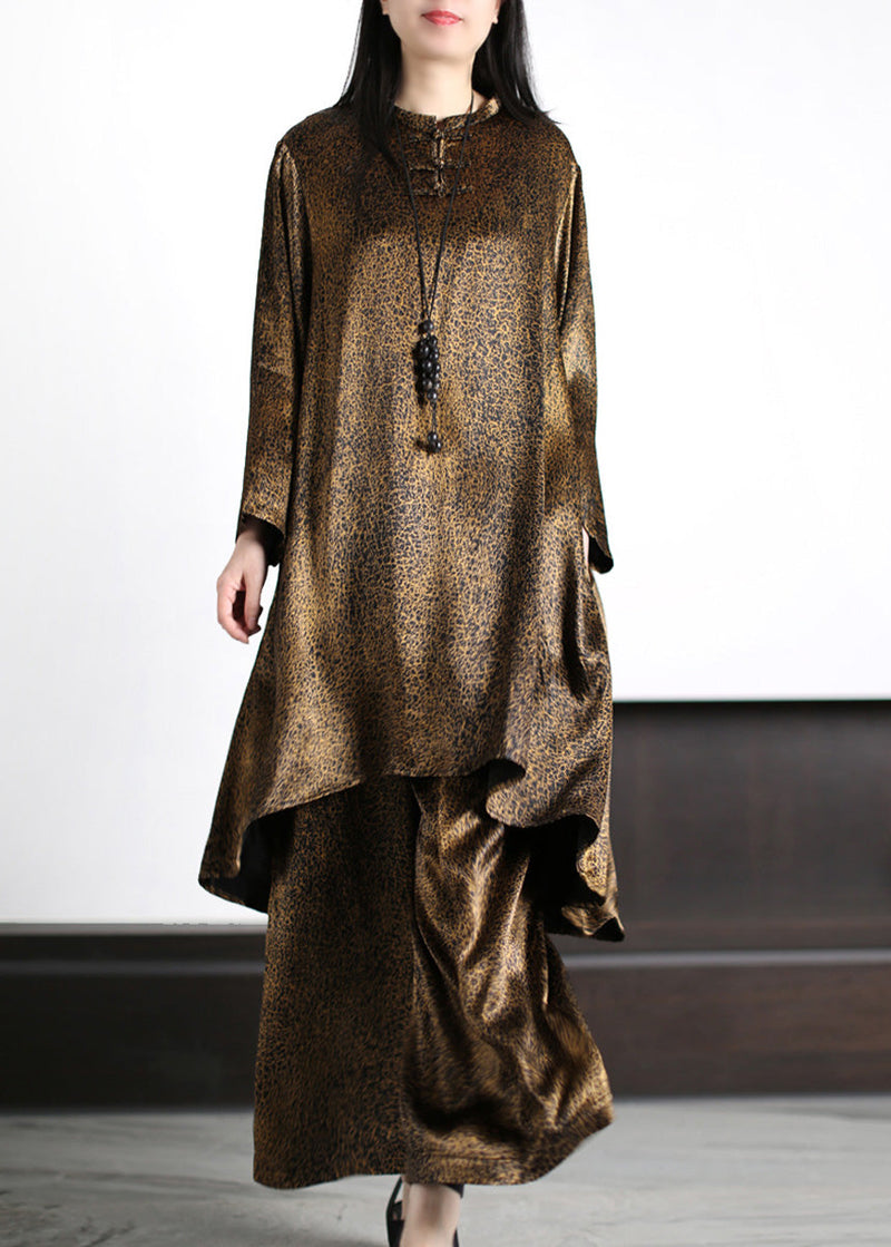 Natural Black O-neck Draping Silk Long Top and Wide Leg Pants Two Piece Set Long Sleeve
