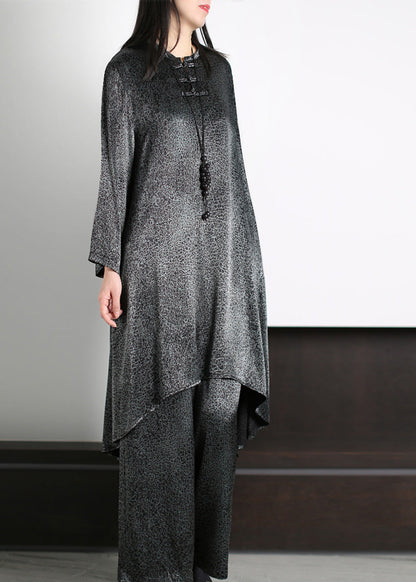 Natural Black O-neck Draping Silk Long Top and Wide Leg Pants Two Piece Set Long Sleeve