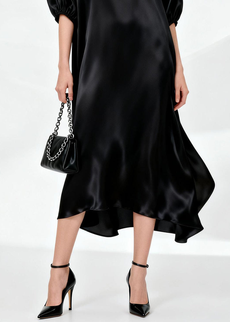 Natural Black O-neck Draping Silk Maxi Dress Summer