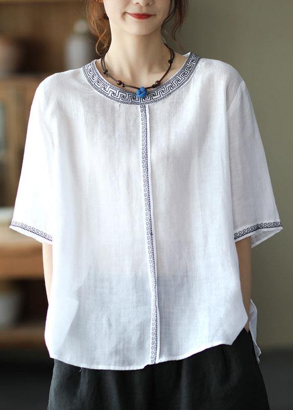 Natural Yellow Flowers O-neck Embroidered Summer Ramie Blouses Half Sleeve