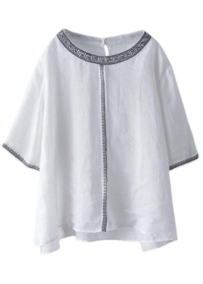 Natural Yellow Flowers O-neck Embroidered Summer Ramie Blouses Half Sleeve