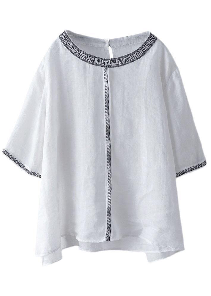 Natural Yellow Flowers O-neck Embroidered Summer Ramie Blouses Half Sleeve
