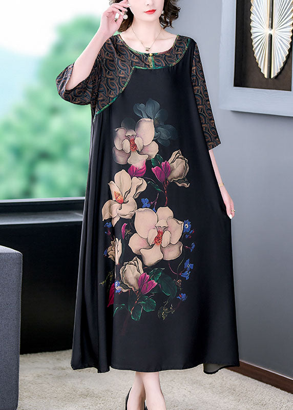 Natural Black O Neck Print Patchwork Silk Long Dresses Summer