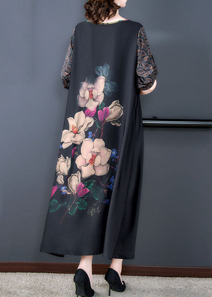 Natural Black O Neck Print Patchwork Silk Long Dresses Summer