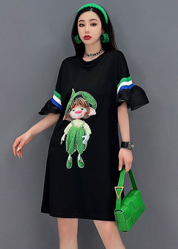 Natural Black O-neck Patchwork Ruffles Print Cotton Maxi Dresses Short Sleeve