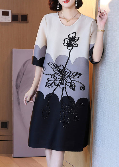 Natural Black O-neck Print Long Dress Half Sleeve