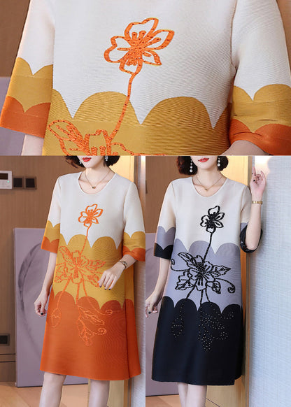 Natural Black O-neck Print Long Dress Half Sleeve
