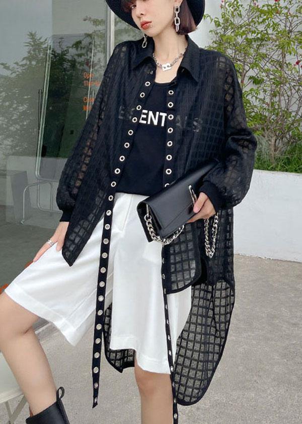 Natural Black Peter Pan Collar Low High Design Long Sleeve Shirt Top Summer