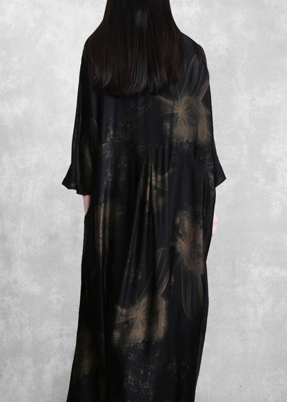 Natural Black Print Dresses Lapel Asymmetric Spring Dresses