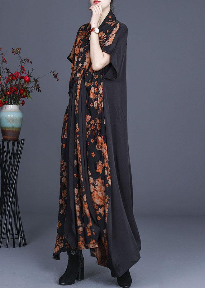 Natural Black Print Patchwork Silk Summer Maxi Dress