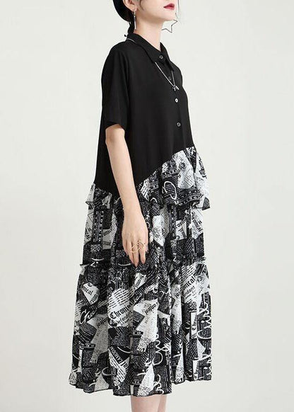 Natural Black Print Patchwork Summer Button Maxi Dresses