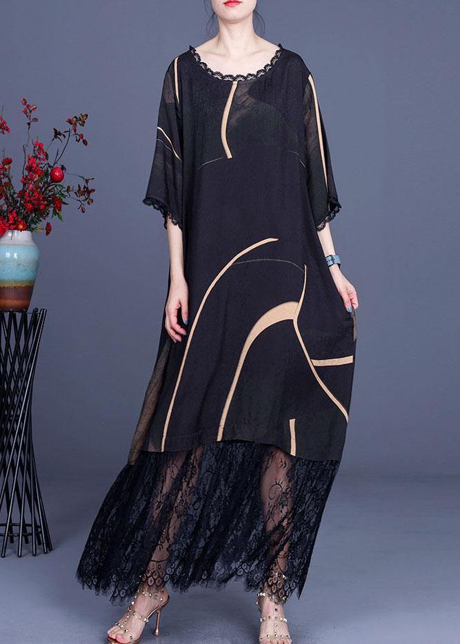 Natural Black Silk Print Patchwork Lace Vacation Dresses Summer