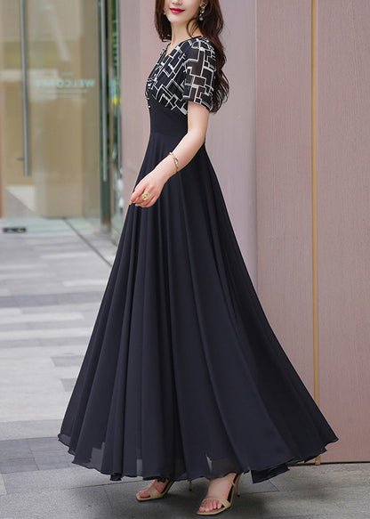 Natural Black V Neck Patchwork Chiffon Long Dresses Summer