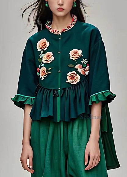 Natural Blackish Green Stand Collar Ruffled Tops Summer