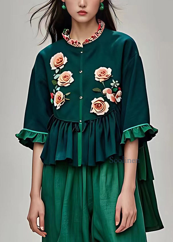 Natural Blackish Green Stand Collar Ruffled Tops Summer
