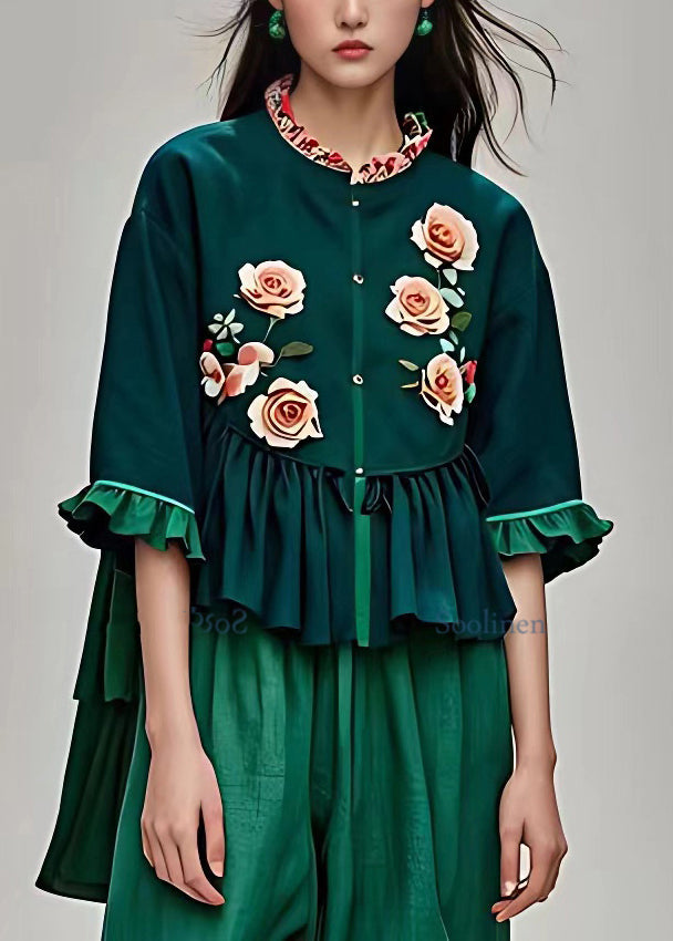 Natural Blackish Green Stand Collar Ruffled Tops Summer