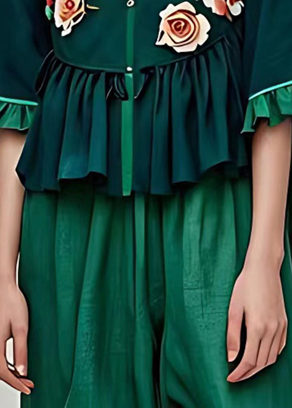 Natural Blackish Green Stand Collar Ruffled Tops Summer