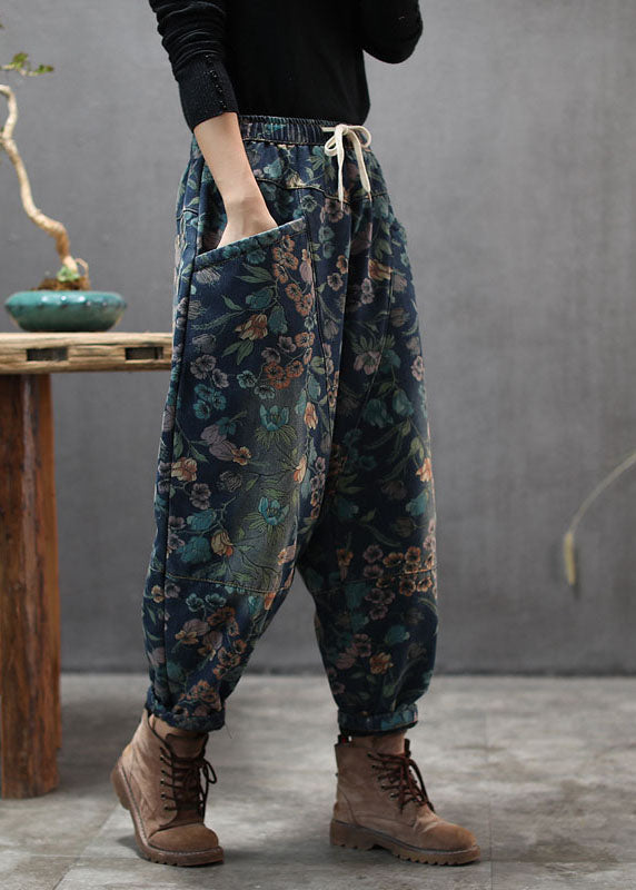 Natural Blue Cinched Print Denim Pants Winter