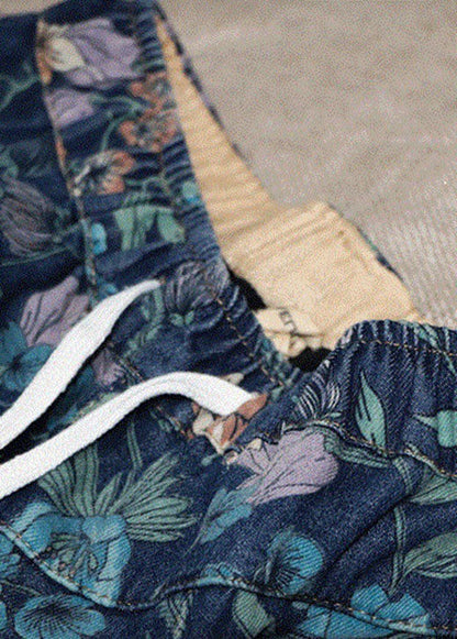 Natural Blue Cinched Print Denim Pants Winter