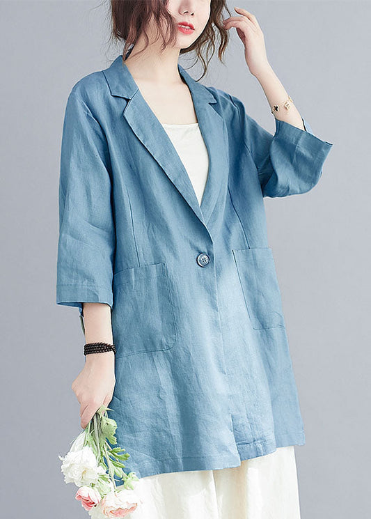 Natural Blue Notched Button Pockets Fall Three Quarter Sleeve Blouse Top