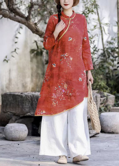 Natural Blue O-neck Asymmetrical Print Linen Dresses Spring