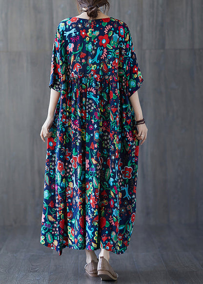 Natural Blue O-neck Print Wrinkled Cotton Long Dresses Summer