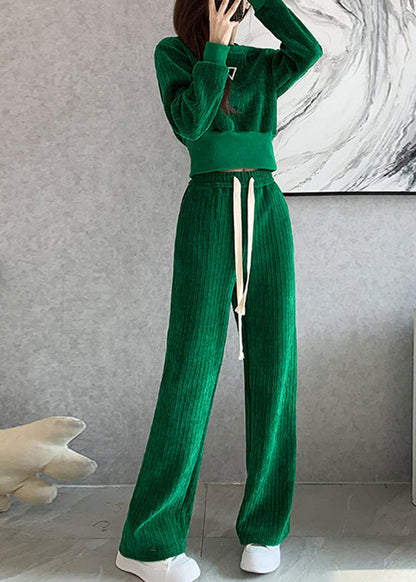 Natural Blue O-neck Top and Wide Leg Pants Two Pieces Set Long Sleeve