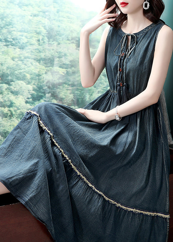 Natural Blue O-neck Drawstring Elastic Waist Cotton Ankle Dress Spring