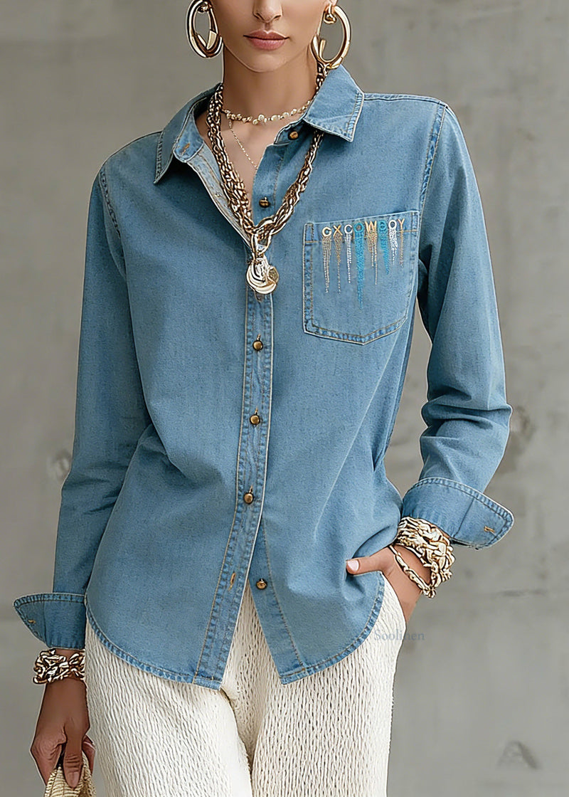 Natural Blue Patchwork Button Denim Top Spring