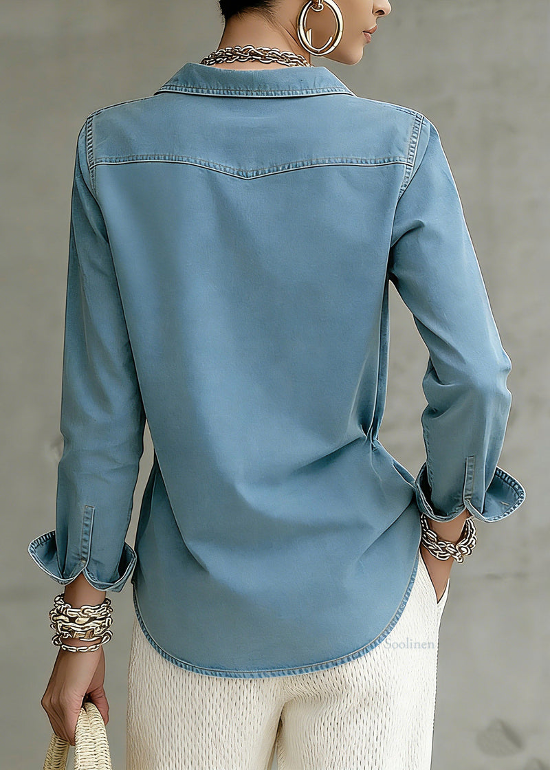 Natural Blue Patchwork Button Denim Top Spring