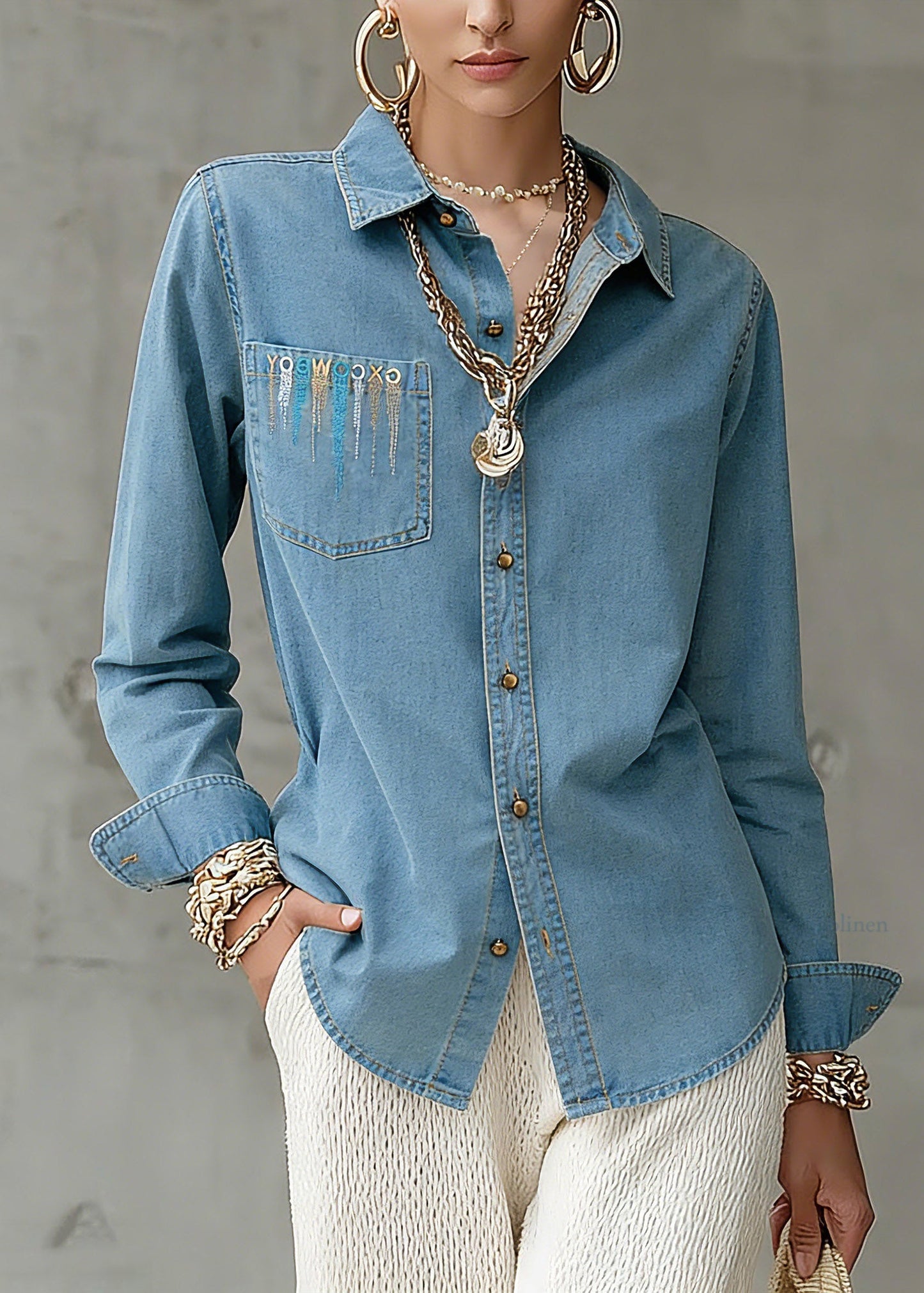 Natural Blue Patchwork Button Denim Top Spring