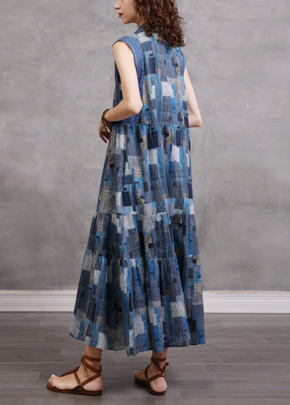 Natural Blue Button Cinched Peter Pan Collar Plaid Patchwork Dress Sleeveless