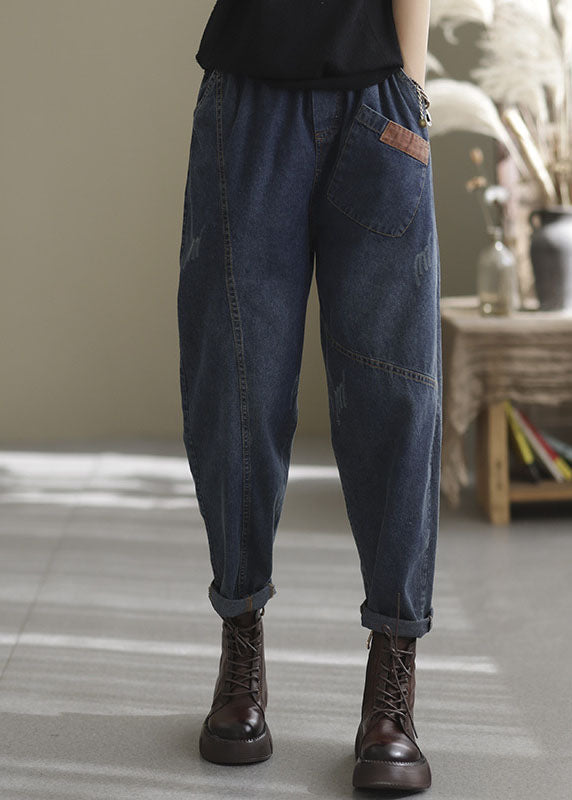 Natural Blue-blue Love Elastic Waist Pockets Denim Pants Spring
