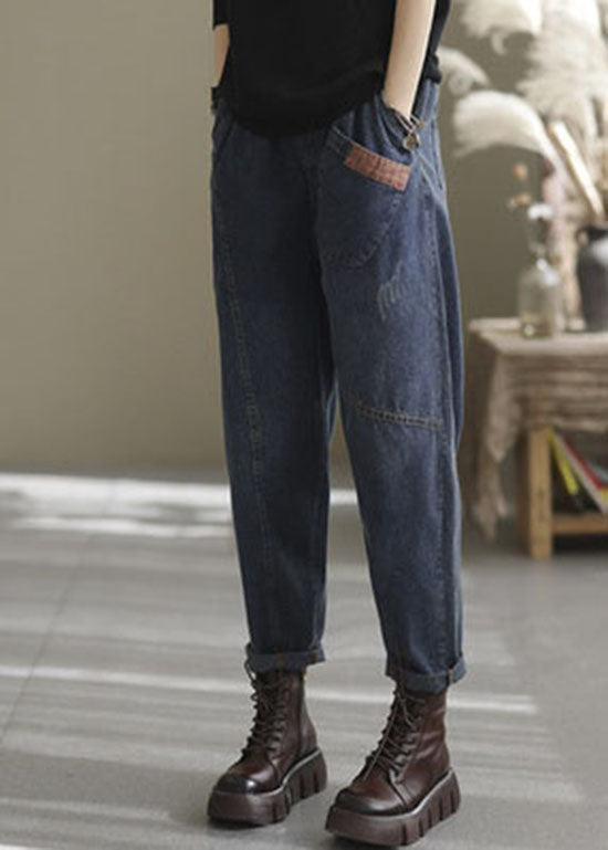 Natural Blue-yellow Love Elastic Waist Pockets Denim Pants Spring