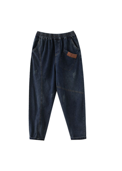 Natural Blue Elastic Waist Pockets Denim Pants Spring