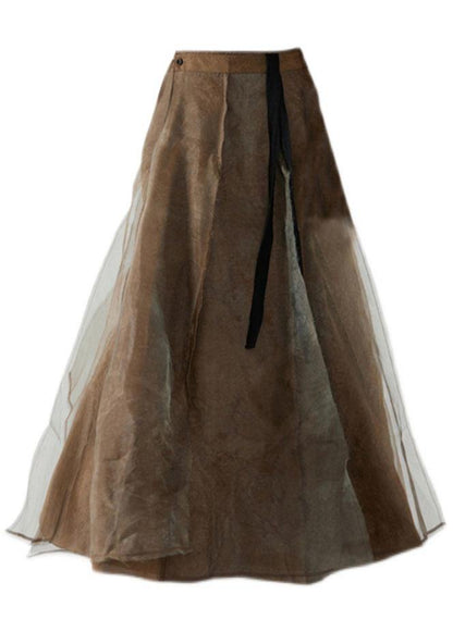 Natural Brown High Waist Retro Tie Patchwork Fall Skirts
