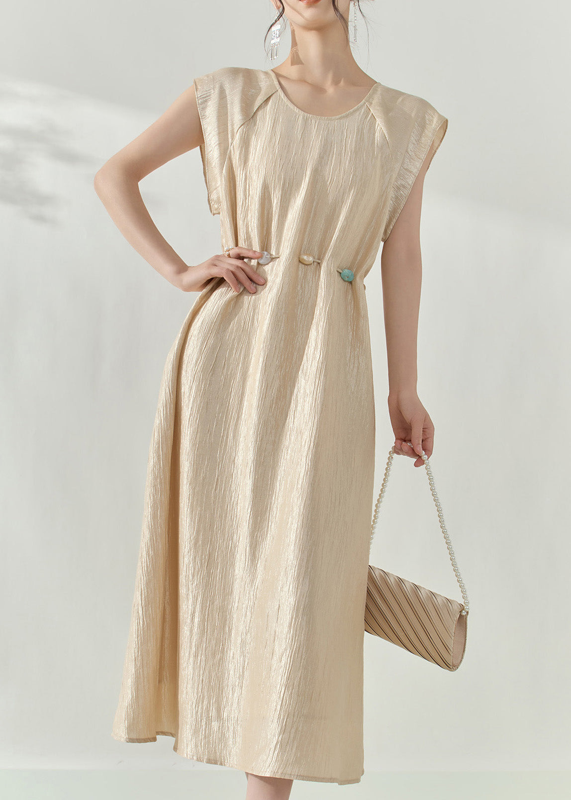 Natural Champagne Patchwork Slim Long Dress Summer