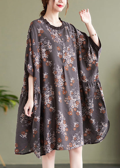 Natural Chocolate O-nec Ruffled Patchwork Print Mid Dress Half Sleeve