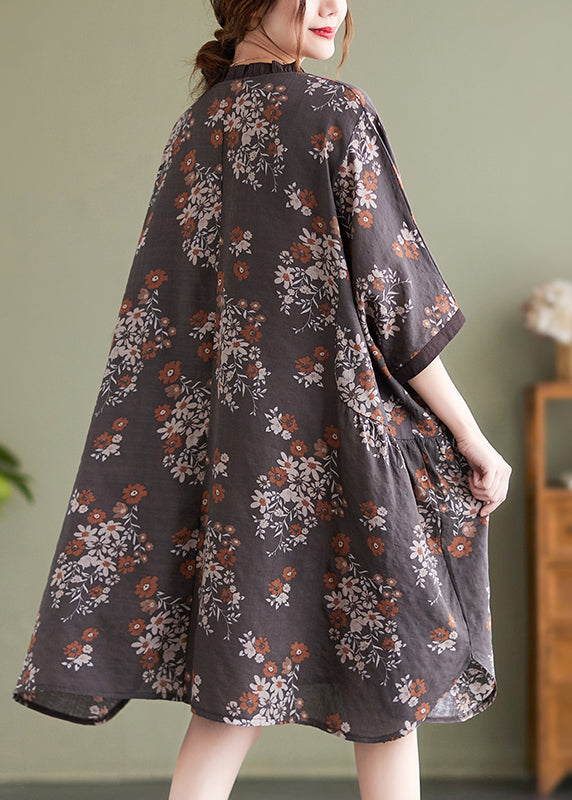 Natural Chocolate O-nec Ruffled Patchwork Print Mid Dress Half Sleeve