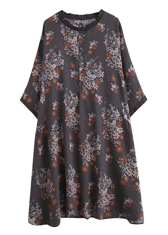 Natural Chocolate O-nec Ruffled Patchwork Print Mid Dress Half Sleeve