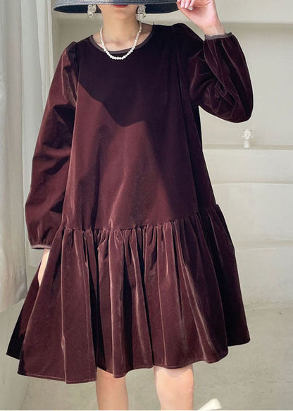 Natural Burgundy O-neck Velour Dress Winter