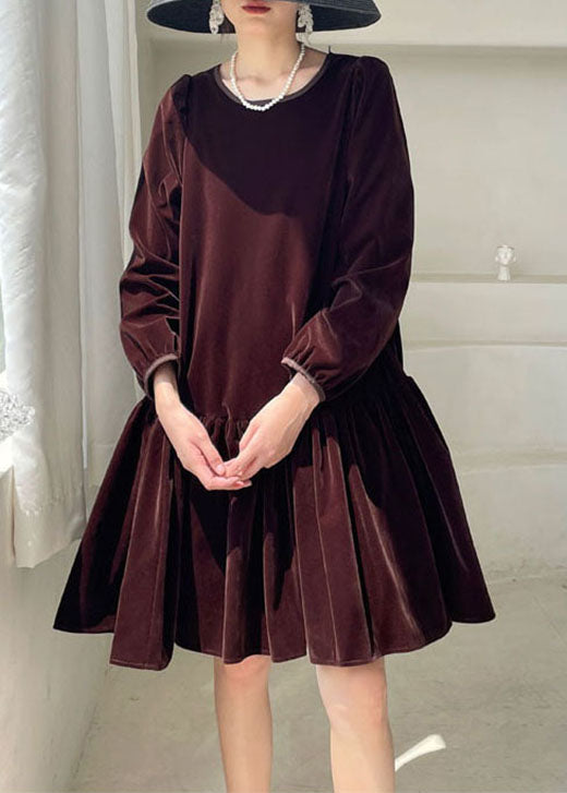 Natural Burgundy O-neck Velour Dress Winter