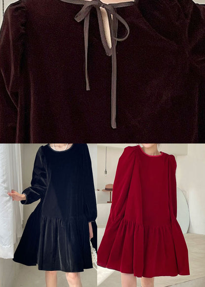 Natural Burgundy O-neck Velour Dress Winter