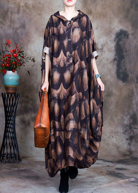 Natural Chocolate Hooded Button Print Asymmetrical Design Fall Dress Long Sleeve