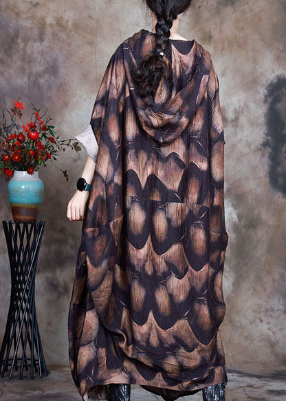 Natural Chocolate Hooded Button Print Asymmetrical Design Fall Dress Long Sleeve