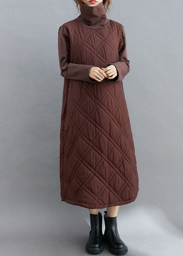 Natural Chocolate Thick Pockets Fine Cotton Filled Long Dress Winter