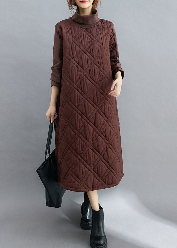 Natural Chocolate Thick Pockets Fine Cotton Filled Long Dress Winter