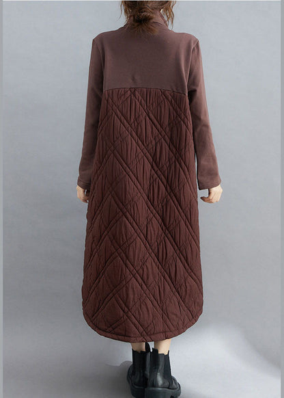 Natural Chocolate Thick Pockets Fine Cotton Filled Long Dress Winter